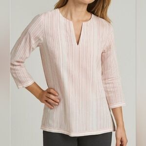 UNTUCKit Durfort Women's Pink & White Striped Long Sleeve Split Neck Shirt